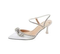 Women's Medium Heeled Shoes - Sandals with Laces and Bow in Satin and Rhinestones Sandal Sharp Toe with Ankle Closure Sandals Slip On Easy to Put On Wedding Shoes for Holidays and Evening, White, 4 UK