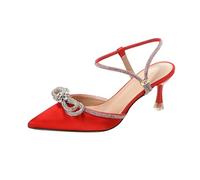 Women's Medium Heeled Shoes - Sandals with Laces and Bow in Satin and Rhinestones Sandal Sharp Toe with Ankle Closure Sandals Slip On Easy to Put On Wedding Shoes for Holidays and Evening, red, 6 UK
