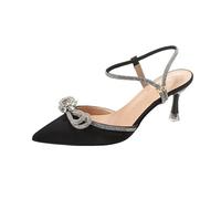 Women's Medium Heeled Shoes - Sandals with Laces and Bow in Satin and Rhinestones Sandal Sharp Toe with Ankle Closure Sandals Slip On Easy to Put On Wedding Shoes for Holidays and Evening, Black, 8 UK