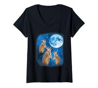 Womens Meerkat Howling At The Space Full Moon At Night Starry Sky V-Neck T-Shirt
