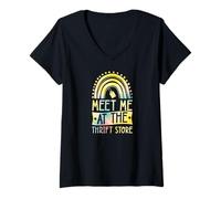 Womens Meet Me At The Thrift Store Boho Bohemian Rainbow V-Neck T-Shirt