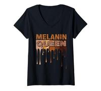 Womens Melanin Queen Leopard Print Chocolate Drip Black Women Dope V-Neck T-Shirt