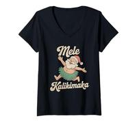 Womens Mele Kalikimaka Hula Hawaiian Santa Christmas in Hawaii V-Neck T-Shirt