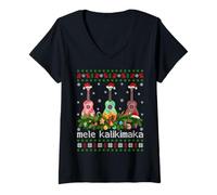 Womens Mele Kalikimaka Ukulele Guitar Christmas Pajamas Ugly Xmas V-Neck T-Shirt