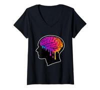 Womens Melting Brain Vaporwave Brainrot Psychedelic Art V-Neck T-Shirt