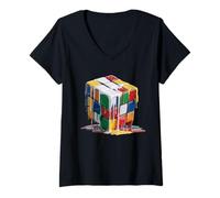 Womens Melting Puzzle Cube Retro Speed Cubing 80's Funny Graphic V-Neck T-Shirt