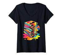 Womens Melting VHS Stack Color CD Retro Media Nostalgia Analog V-Neck T-Shirt