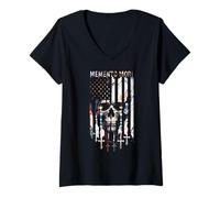 Womens Memento Mori Catholic Rosary American Flag Skull V-Neck T-Shirt