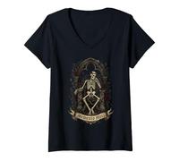 Women's Memento Mori Gothic Skeleton on Throne with Roses and Thorns V-Neck T-Shirt