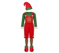 Womens Men Christmas Elf Dress Costume Sets Xmas Elf Costumes Set for Elfs Fancy Dress Outfits, Green Top + Red Trousers + Belt + Hat + Deluxe Pom Pom ElfShoes for Holiday Party