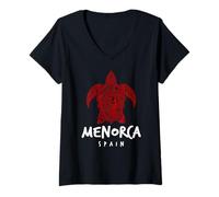 Women's Menorca Spain Tribal Sea Turtle Island Design V-Neck T-Shirt