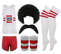 Womens Mens 118 Fancy Dress Costume Marathon Retro Vest Shorts Tash Socks Wig Wristband Set (Unisex 118 6Pcs Set L)