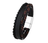 Womens Mens Bracelet Leather Black Stone Beaded Bracelet With Magnetic Clasp Braided Leather Wristband Surfer Cuff Bracelet Jewellery Gift For Boyfriend Dad Son Brother Silver