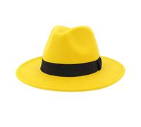 Womens & Mens Fedora Hats,Solid Ribbon Wide Brim Fedora Hats Floppy Panama for Women Men Jazz British Hats for Men M Yellow 2