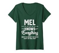 Women's Mens Mel Knows Everything Funny Name Personalized Jokes V-Neck T-Shirt, Dark Green, Medium