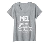 Women's Mens Mel Knows Everything Funny Name Personalized Jokes V-Neck T-Shirt, Heather Grey, Large