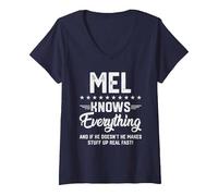 Women's Mens Mel Knows Everything Funny Name Personalized Jokes V-Neck T-Shirt, Navy Blue, Large