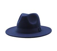 Womens Mens Solid Color Fedora Hats Wide Brim Felt Panama Caps Adjustable Church British Jazz Cap with Ribbon Autumn Winter Warm Casual Top Hat for Unisex Navy