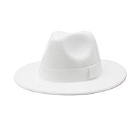 Womens Mens Solid Color Fedora Hats Wide Brim Felt Panama Caps Adjustable Church British Jazz Cap with Ribbon Autumn Winter Warm Casual Top Hat for Unisex White