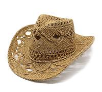 Women's Men's Western Cowboy Hat Mouldable Straw Hat Hollowed Sun Hat Cowboy Figure Set (Khaki, One Size)