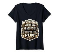 Women's Mens When God Made Me He Grinned and Said This'll Be Fun V-Neck T-Shirt