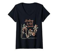 Women's Mental Health Awareness Floral Healing is Not Linear V-Neck T-Shirt