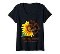 Womens Mental Health Awareness Sunflower Sun Will Rise We Try Again V-Neck T-Shirt