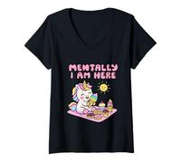 Women's Mentally I Am Here Cute Unicorn Dessert Mood Summer V-Neck T-Shirt