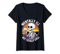 Womens Mentally Ill But Totally Chill Funny Skeleton Tee V-Neck T-Shirt