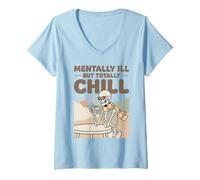 Women's Mentally Ill But Totally Chill Skeleton Coffee Caffeine V-Neck T-Shirt