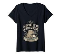 Women's Mentally in A Hot Spring Capybara Coffee V-Neck T-Shirt