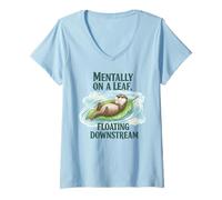 Womens Mentally On A Leaf Floating Downstream Otter Mindfulness V-Neck T-Shirt