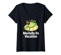 Women's Mentally On Vacation Frog Funny Summer Tropical Humor V-Neck T-Shirt