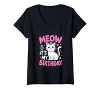 Women's Meow 5 Its My Birthday Cute Cat Fifth Kid V-Neck T-Shirt