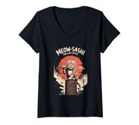 Womens Meow-Sashi The Last Kitty Samurai Cat Japan Style V-Neck T-Shirt