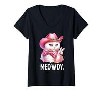 Womens Meowdy Cat Bachelorette Cowboy Cute Pink Cowgirl Funny Cat V-Neck T-Shirt