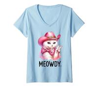 Womens Meowdy Cat Bachelorette Party Pink Cowgirl Hat Cat Cowboy V-Neck T-Shirt