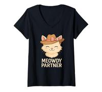 Womens Meowdy Partner Cowgirl Cat Cute Western Bow Hat Design V-Neck T-Shirt