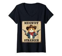 Womens Meowdy Stranger Cowboy Cat V-Neck T-Shirt