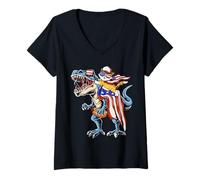 Womens Meowica Cat 4th of July Dinosaur Patriotic American Flag Men V-Neck T-Shirt