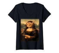 Womens Meowna Lisa - Vintage Art Parody Remix V-Neck T-Shirt
