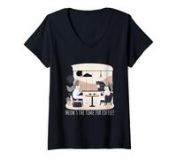 Women's Meow's The Time for Coffee Cat Cafe Minimal Illustration V-Neck T-Shirt