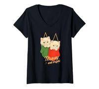 Womens Meowy and Bright Christmas Cats Cute Holiday Kitten Stocking V-Neck T-Shirt