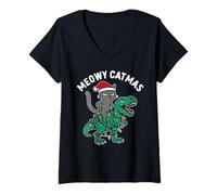 Womens Meowy Catmas, cat Riding a Dinosaur Christmas Lights V-Neck T-Shirt