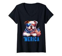 Womens Merica Bulldog Funny American Patriotic USA 4th of July V-Neck T-Shirt