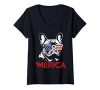 Womens Merica French Bulldog American Flag 4th of July Frenchie V-Neck T-Shirt
