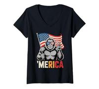 Women's 'Merica Patriotic Gorilla Return to Monke Meme V-Neck T-Shirt