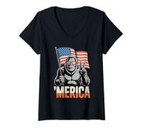 Women's 'Merica Patriotic Gorilla Return to Monkey Meme V-Neck T-Shirt