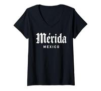 Womens Merida Mexico Retro Yucatan Travel Art Cathedral Mexican V-Neck T-Shirt
