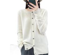 Women's Merino Wool Cardigan - O-Neck Long Sleeve Loose Layering Piece White